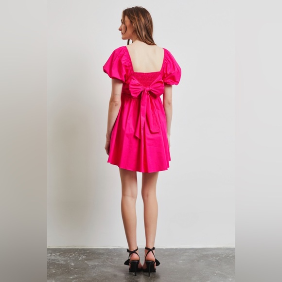 Puff Sleeve Baby Doll Dress with Bow Back and Pockets - Picture 5 of 7